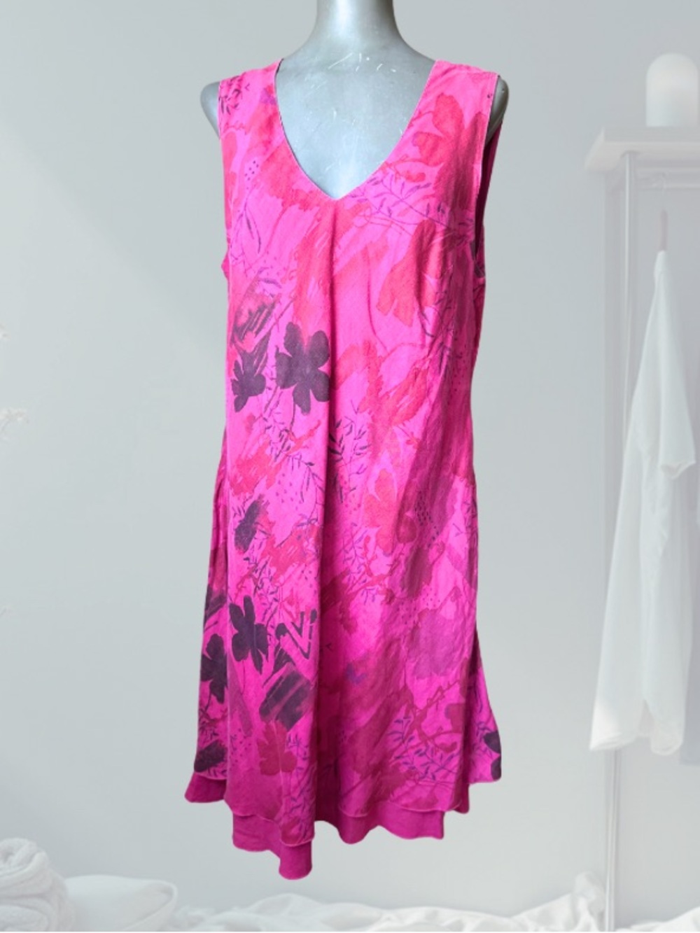Linen Fuschia Pink Floral V-Neck Midi Dress
